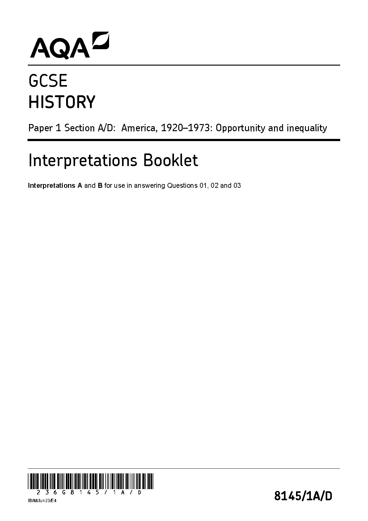 Aqa Gcse History Paper 1 Interpretations Booklet 2023 81451ad