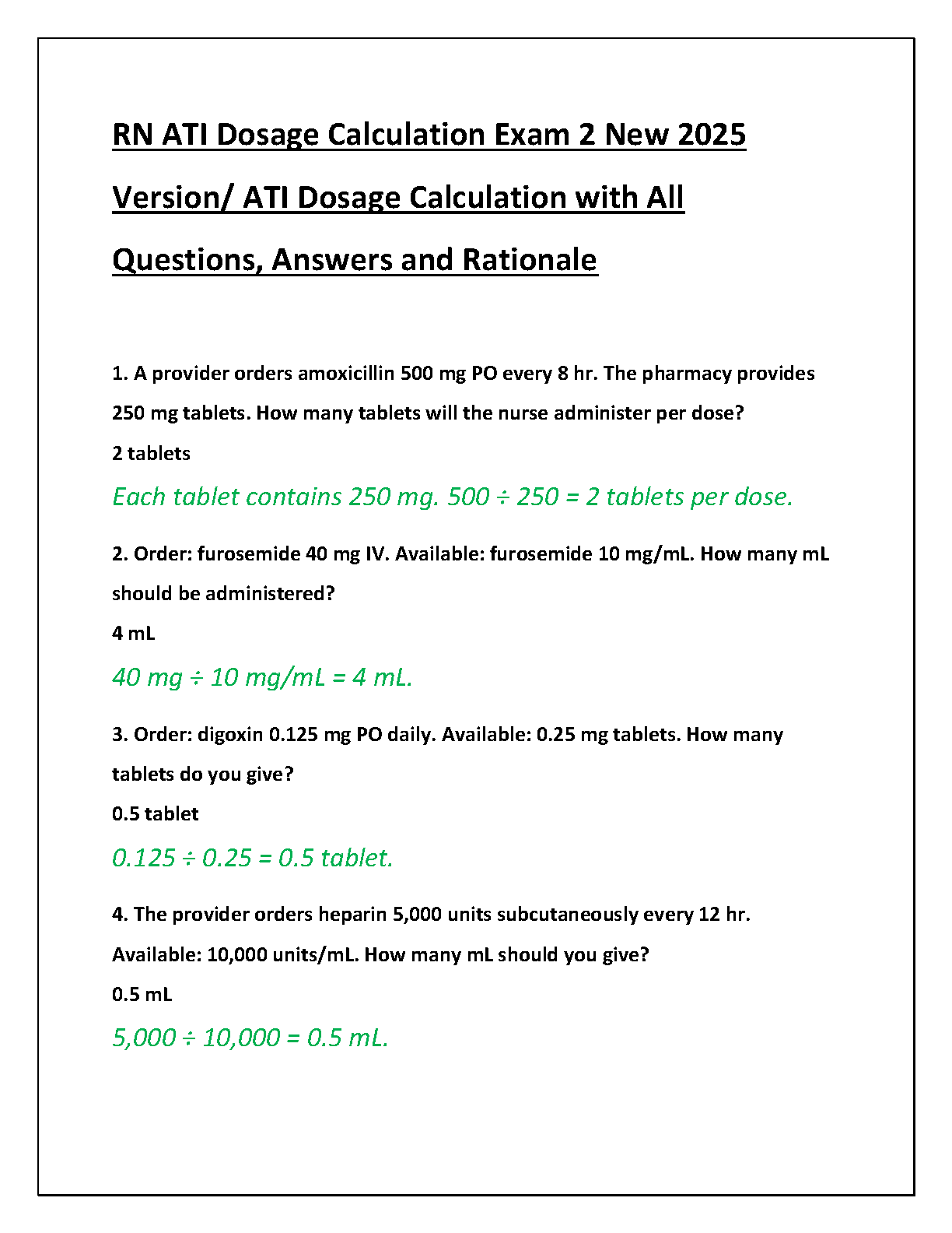 ATI Dosage Calculation Exam 2 Mastery Guide 2025/2026: Pass Your RN ...